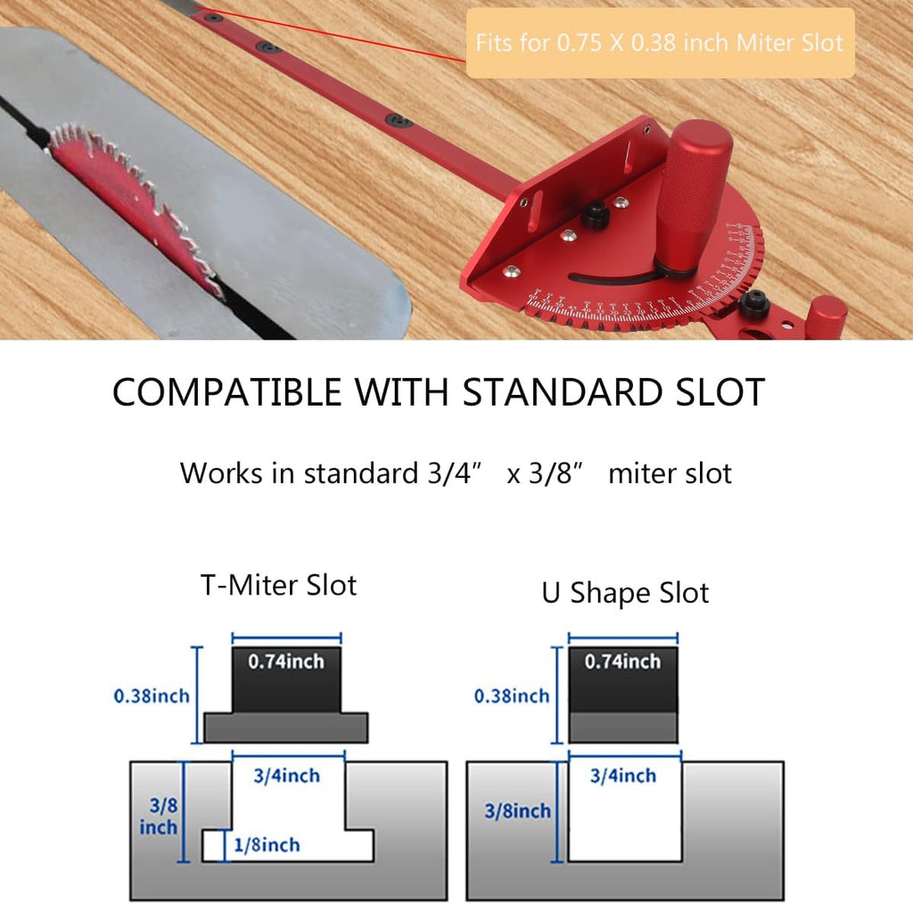 Aluminum Precision Miter Gauge with T-Track Fence and Flip Stop L521