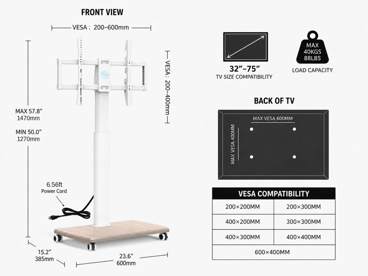 White Rolling TV Stand for 32-75 Inch TVs C3362
