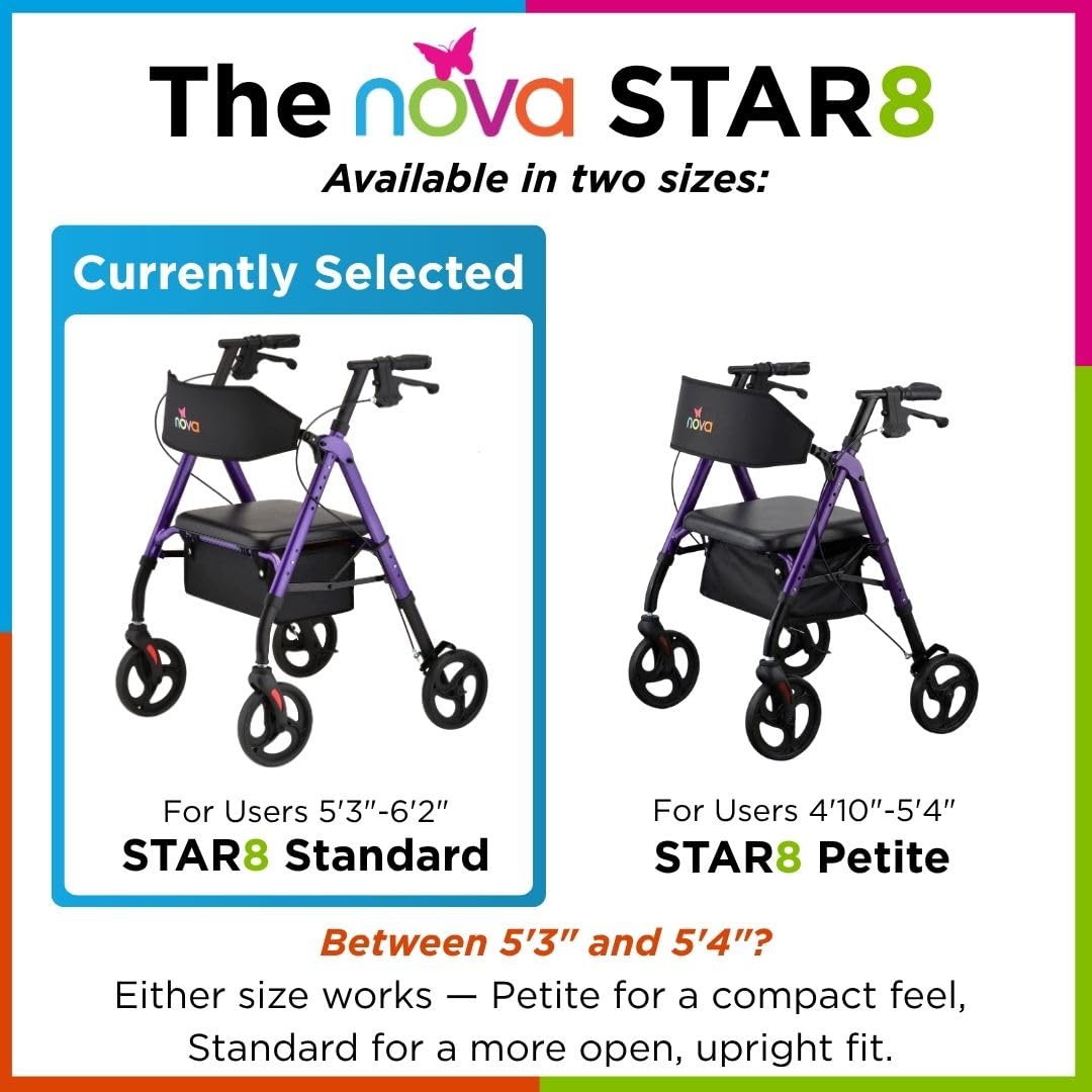 Foldable Rollator Walker with Seat, 8” All-Terrain Wheels, Red E1937