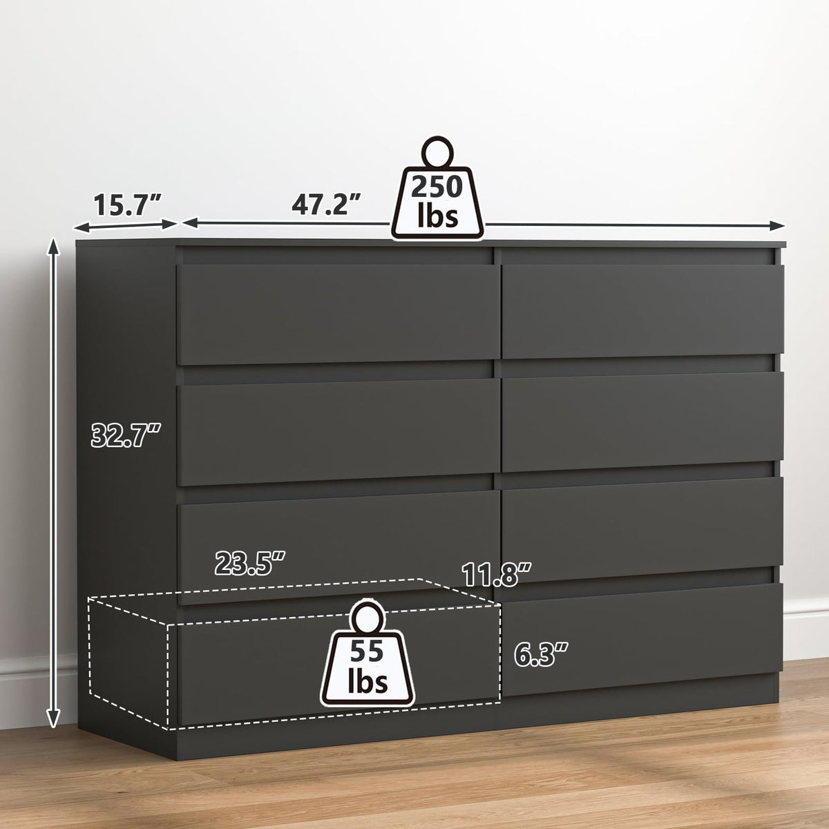 Black 8 Drawer Double Dresser L673756