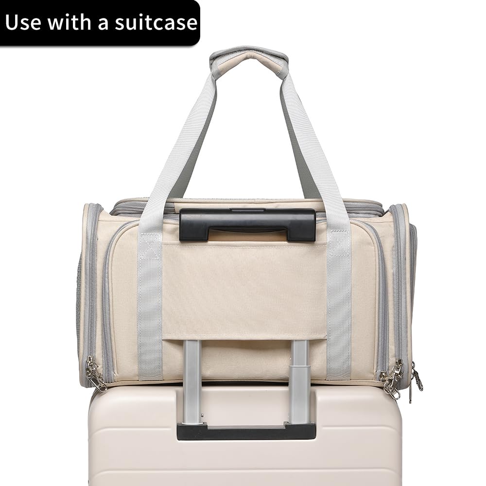 Airline Approved Pet Carrier for Cats and Small Dogs up to 15 lbs, Breathable Mesh, Portable Travel Bag (Khaki, Expandable) G495745