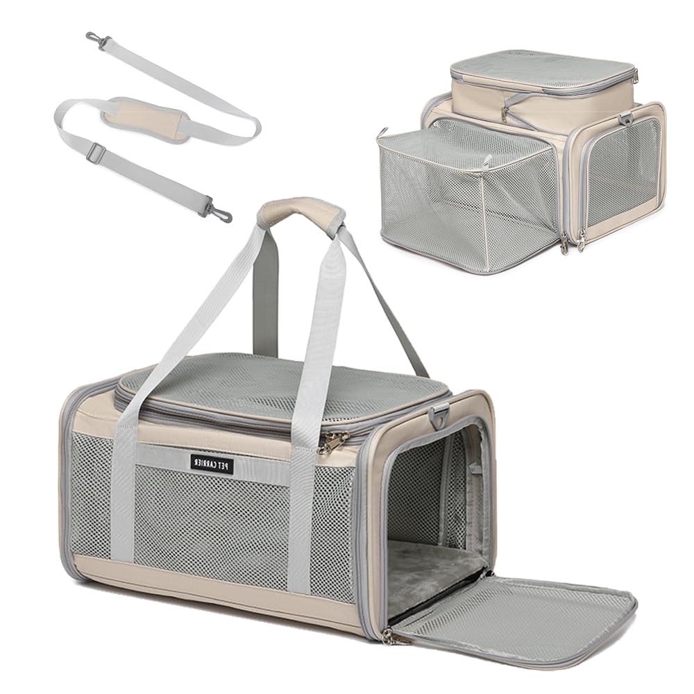Airline Approved Pet Carrier for Cats and Small Dogs up to 15 lbs, Breathable Mesh, Portable Travel Bag (Khaki, Expandable) G495745