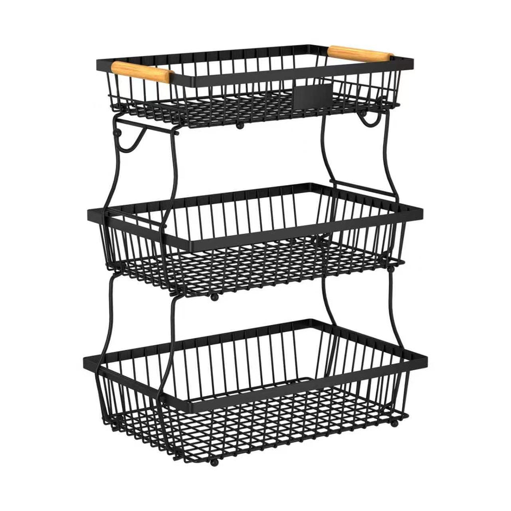 Black 3 Tier Metal Fruit Basket with Wooden Handle G3744