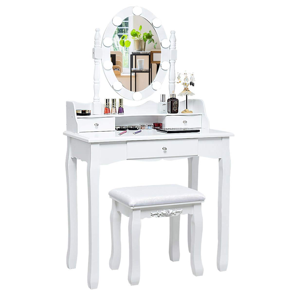 White Makeup Vanity Desk with Lighted Mirror and Stool E55055