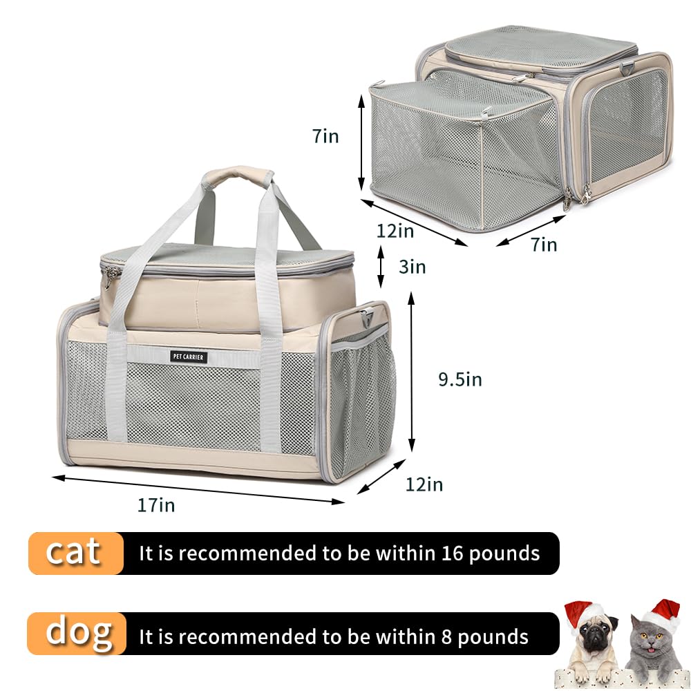 Airline Approved Pet Carrier for Cats and Small Dogs up to 15 lbs, Breathable Mesh, Portable Travel Bag (Khaki, Expandable) G495745