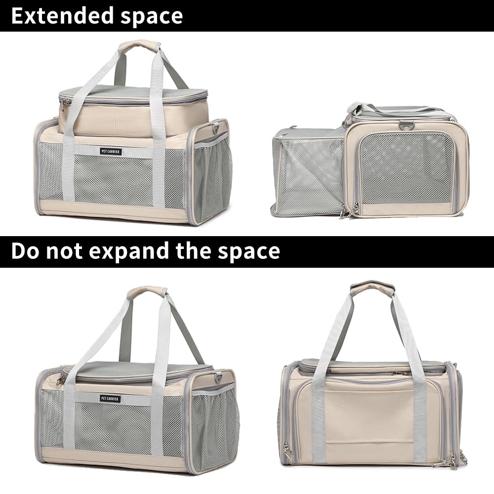 Airline Approved Pet Carrier for Cats and Small Dogs up to 15 lbs, Breathable Mesh, Portable Travel Bag (Khaki, Expandable) G495745