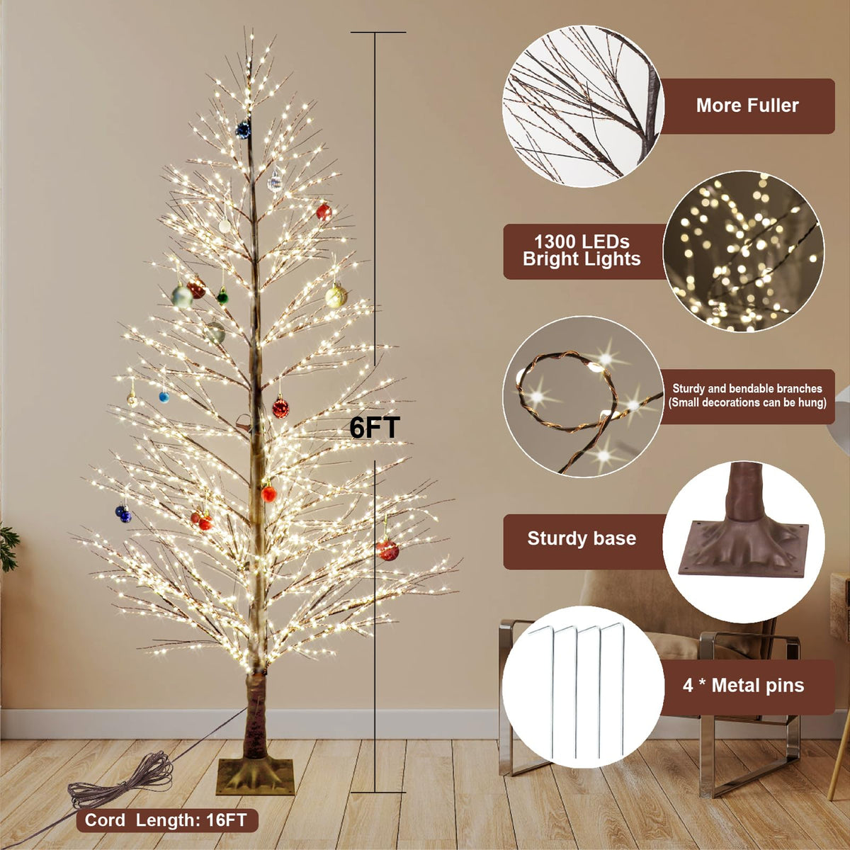 6FT Lighted Birch Tree with 1300 LED Lights T3468