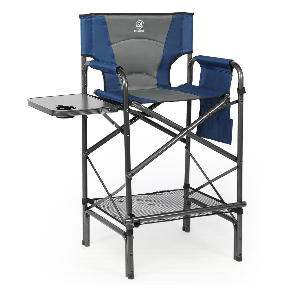 Tall Folding Chair with Side Table Cup Holder Storage Pocket Blue Grey H462
