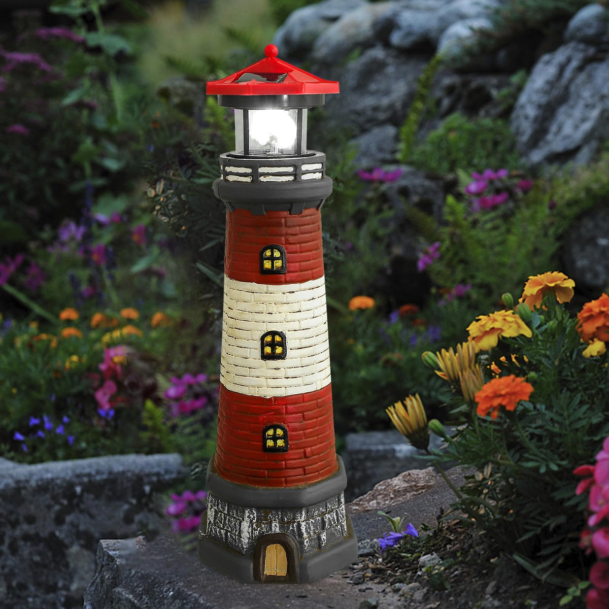 Solar Garden Lighthouse Statue, Waterproof Resin Outdoor Decor Light, 14.76 Inch Red Finish H648348