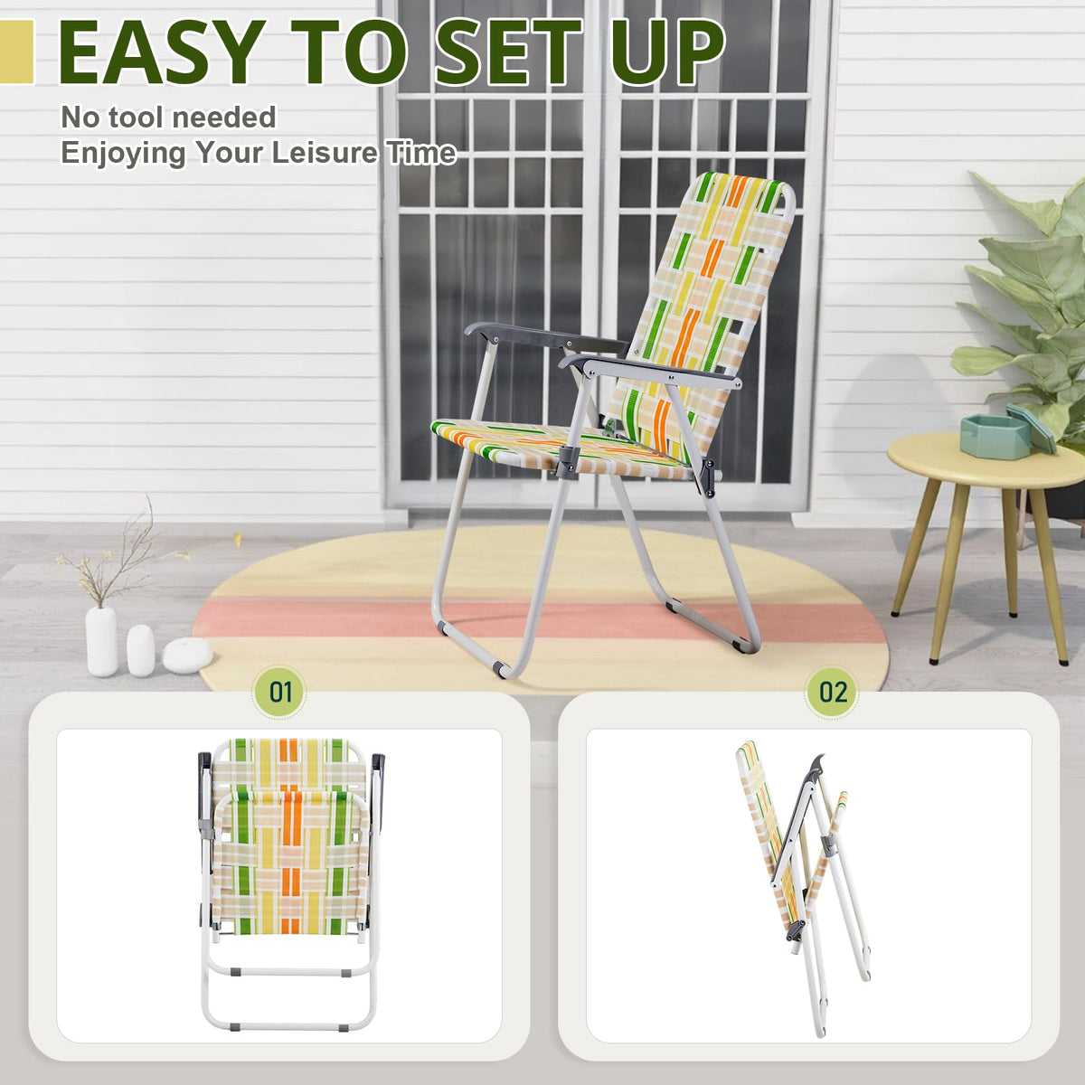 Set of 2 Folding Beach Chairs 260 lbs Capacity Yellow & Green R67731