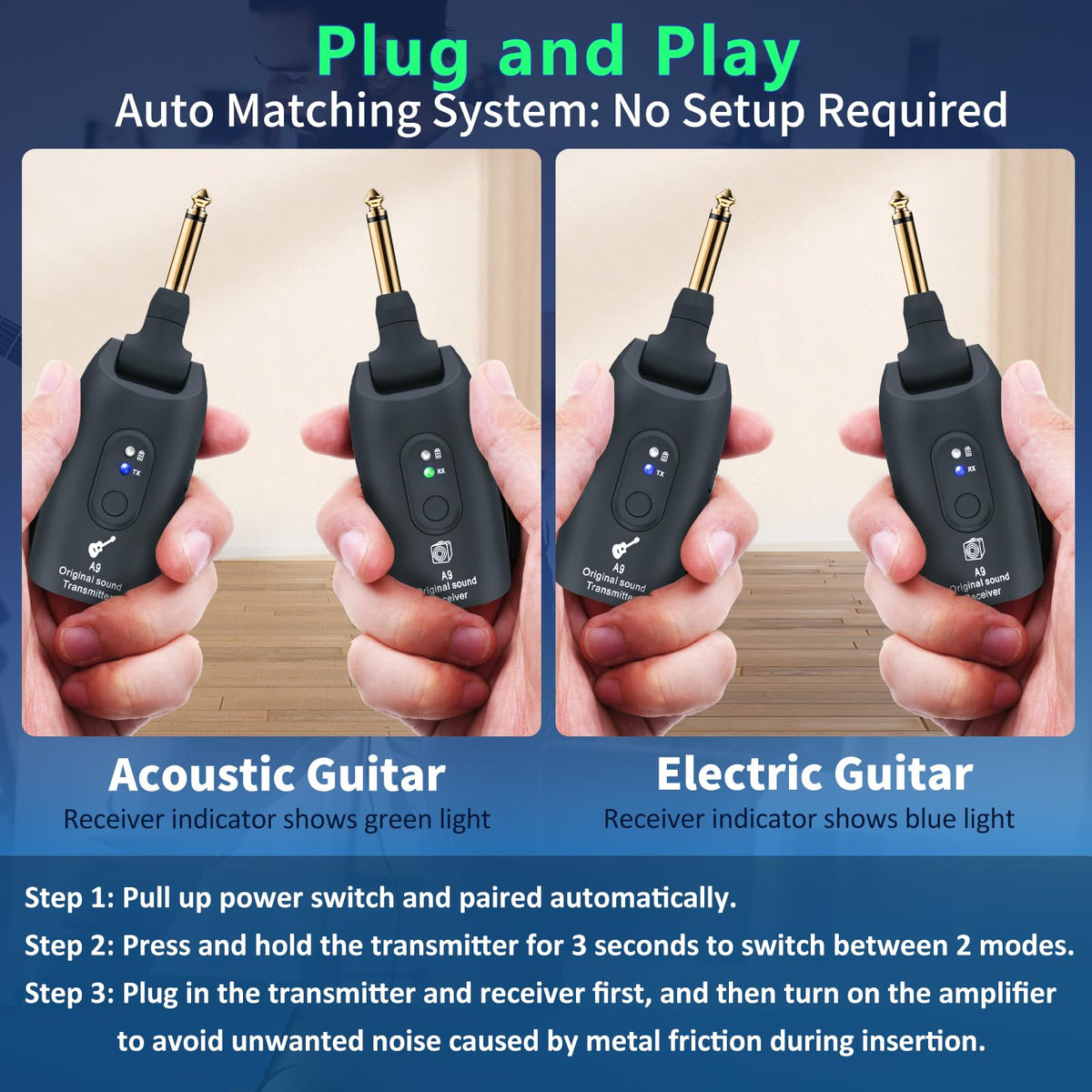 Wireless Guitar System 2.4GHz Transmitter and Receiver Black I72354