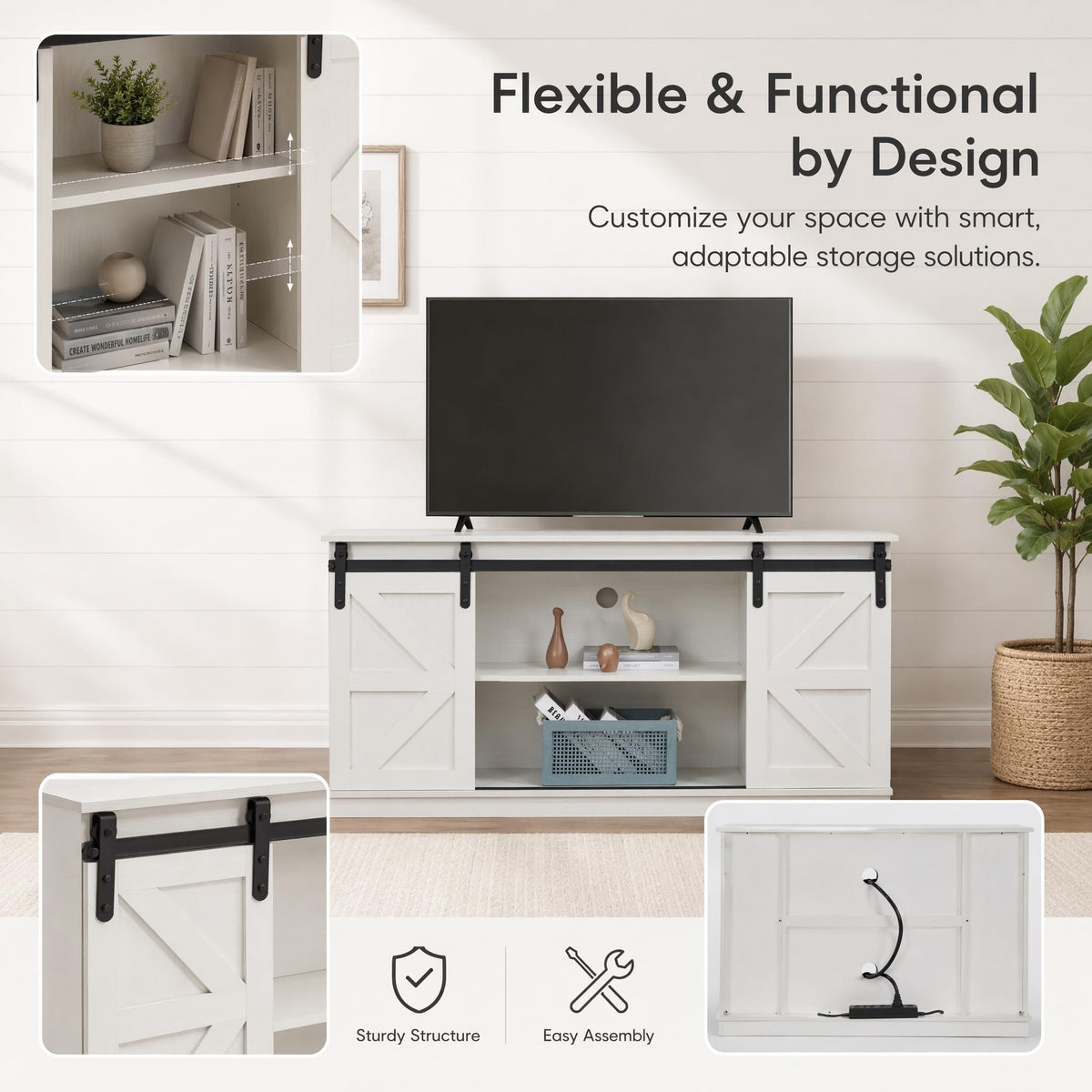 White TV Stand with Sliding Barn Doors N712
