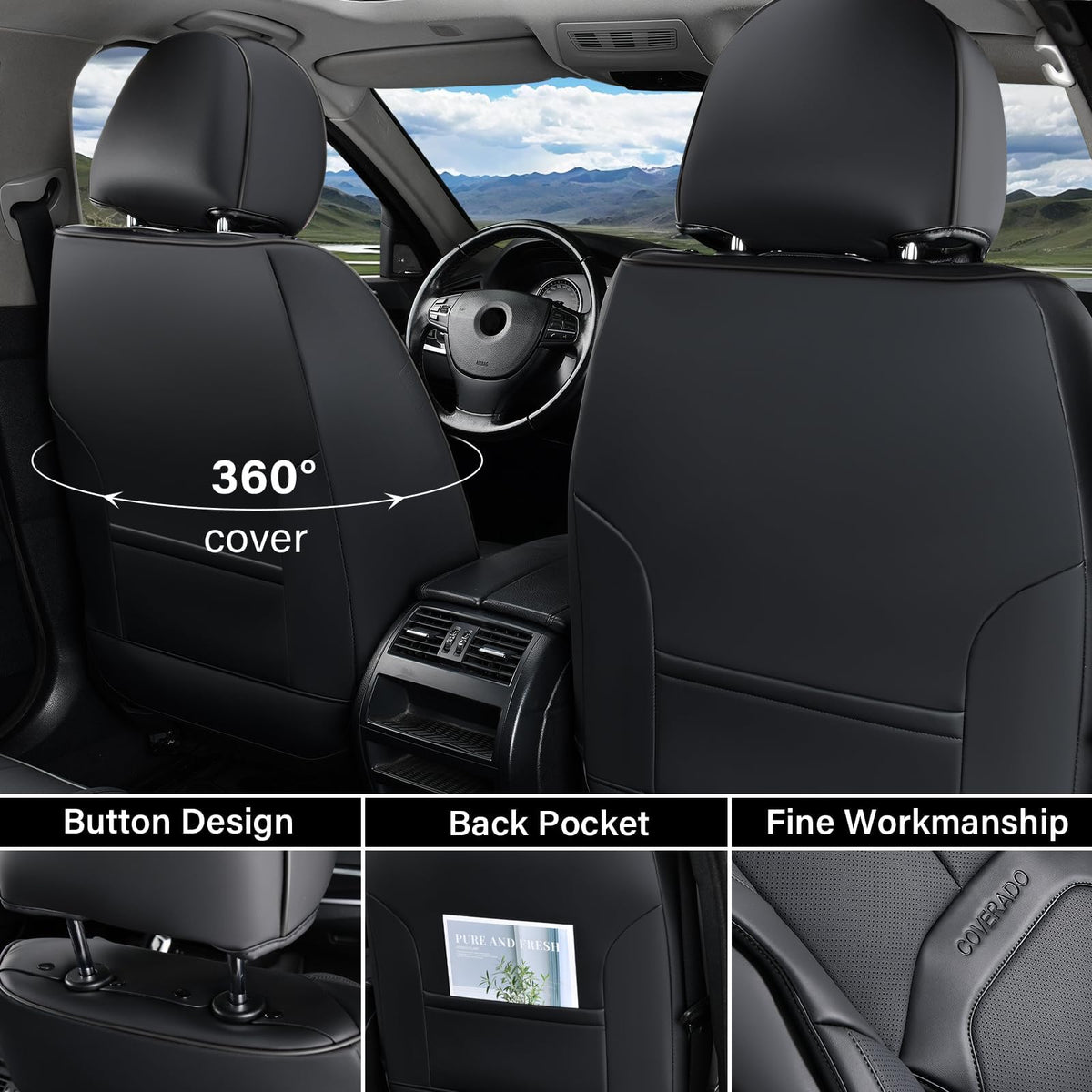 Black Leather Car Seat Covers Full Set I825