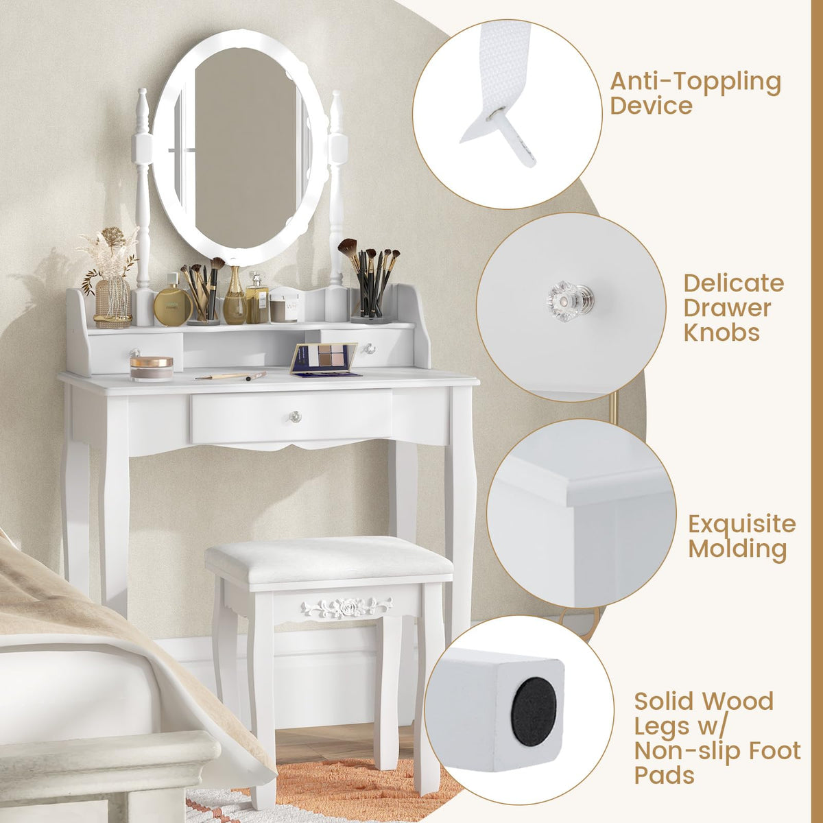 White Makeup Vanity Desk with Lighted Mirror and Stool E55055