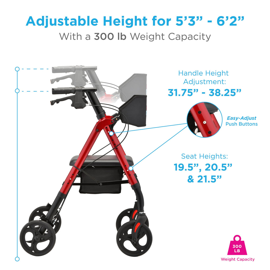 Foldable Rollator Walker with Seat, 8” All-Terrain Wheels, Red E1937