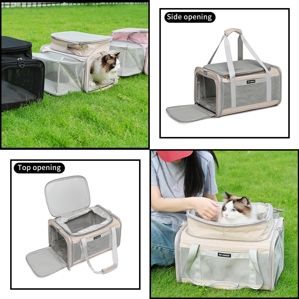 Airline Approved Pet Carrier for Cats and Small Dogs up to 15 lbs, Breathable Mesh, Portable Travel Bag (Khaki, Expandable) G495745