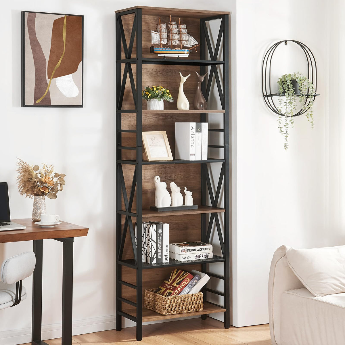 7-Tier Rustic Wood Metal Bookshelf E9129