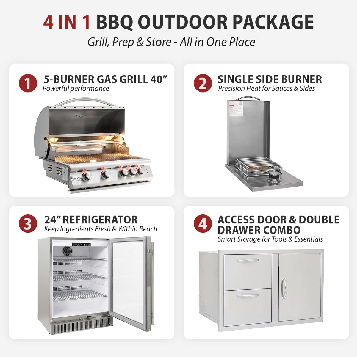 32” Built-in Gas Grill, Double Side Burner, Door & Two Drawers Combo, 20” Refrigerator M71937