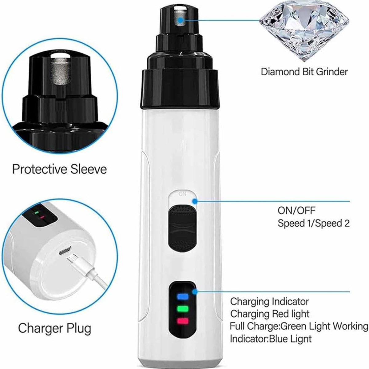 Rechargeable Quiet Low Vibration Electric Dog Nail Grinder & Trimmer with LED Light N4531