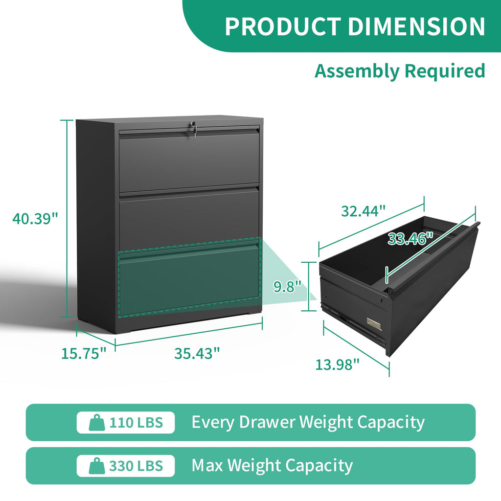 Black 3 Drawer Locking Metal File Cabinet P811493