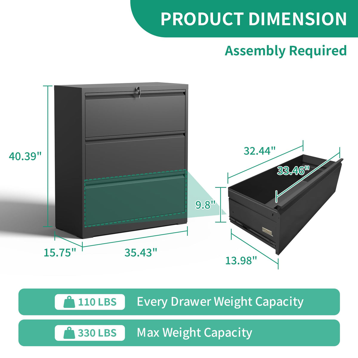 Black 3 Drawer Locking Metal File Cabinet P811493