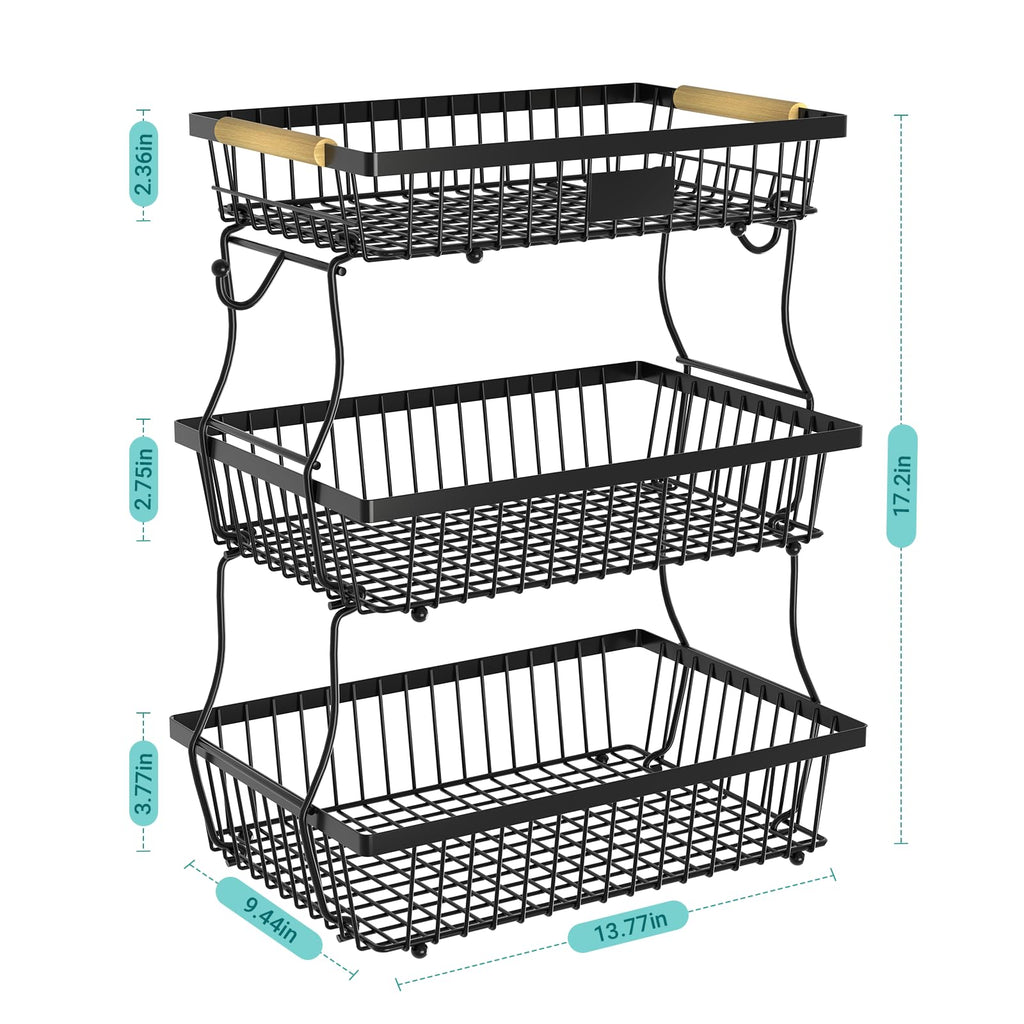 Black 3 Tier Metal Fruit Basket with Wooden Handle G3744