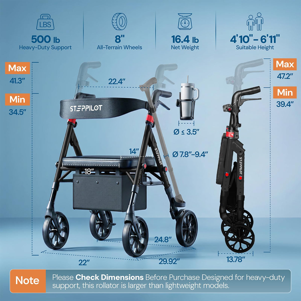 Bariatric Rollator Walker with Seat 500 lb Capacity X667465