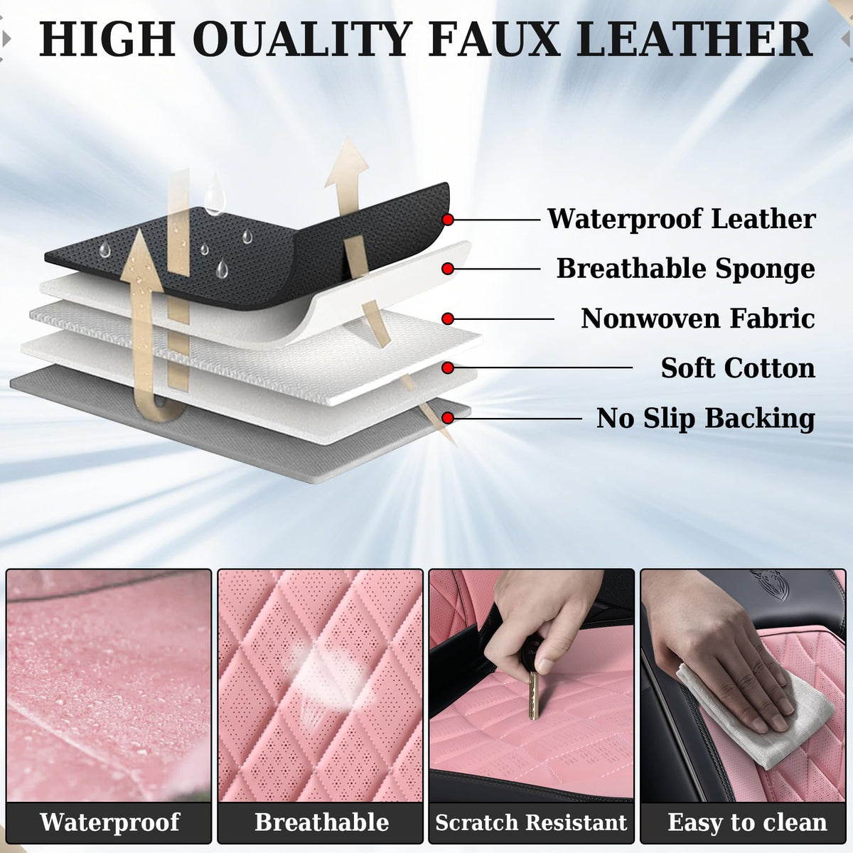 Waterproof Faux Leather Pink & Black Car Seat Covers Full Set A5375