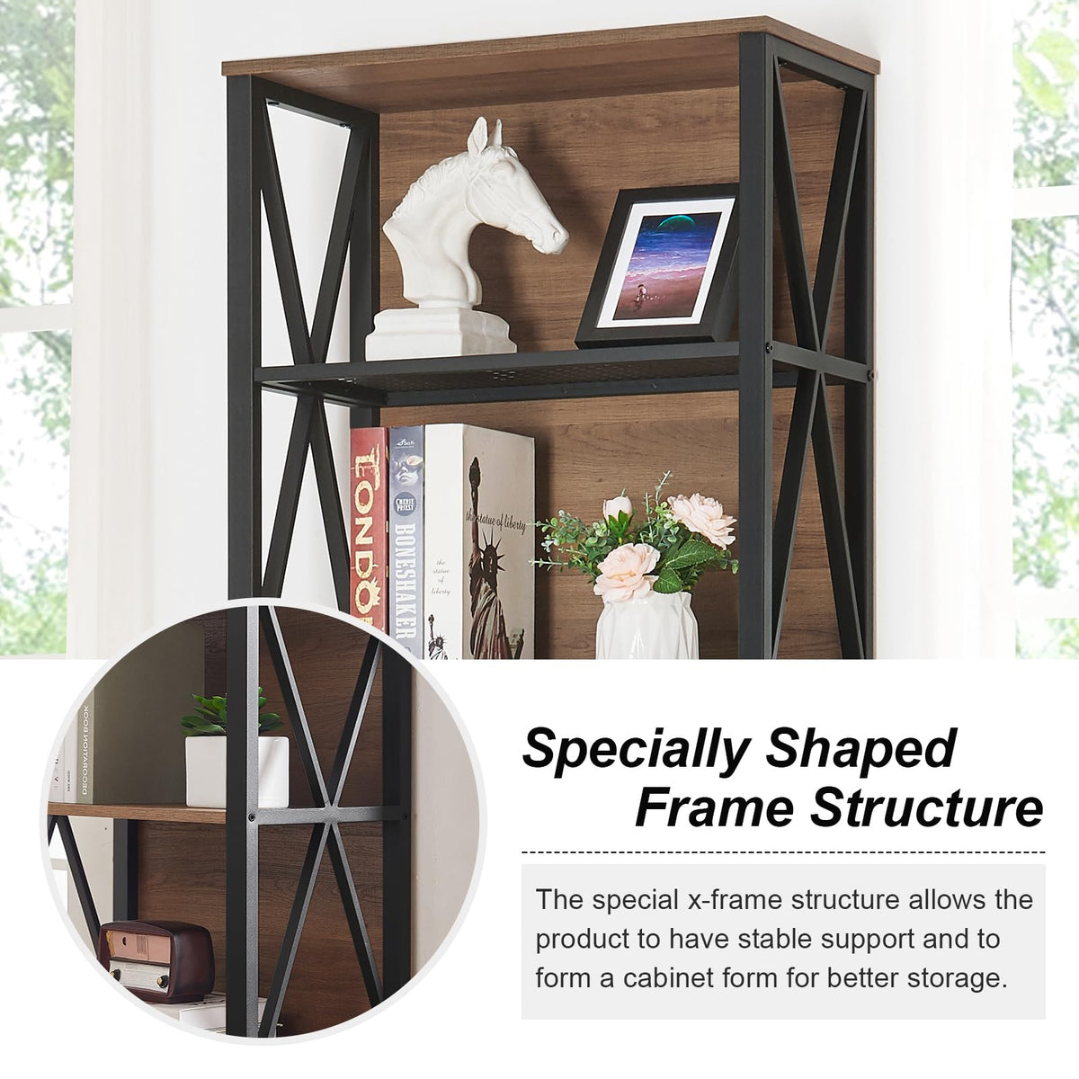 7-Tier Rustic Wood Metal Bookshelf E9129