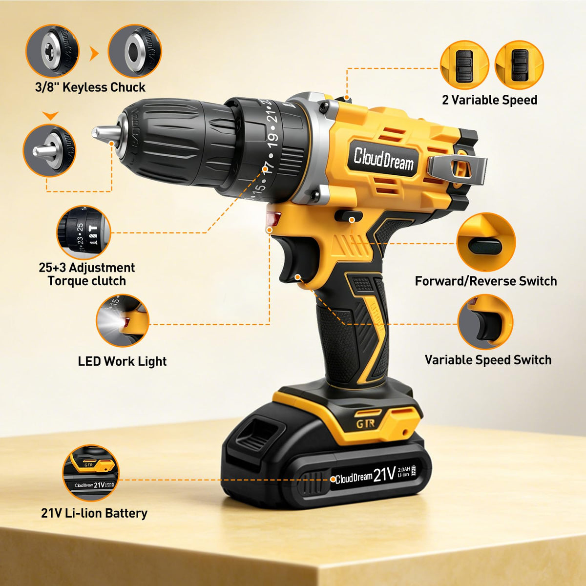 21V Cordless Drill Set with 2 Batteries and Charger D524347