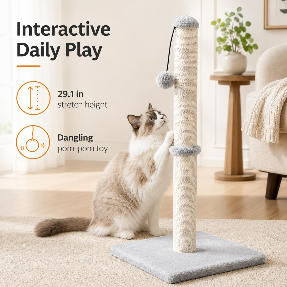 Tall Cat Scratching Post with Sisal Rope, Grey E86450