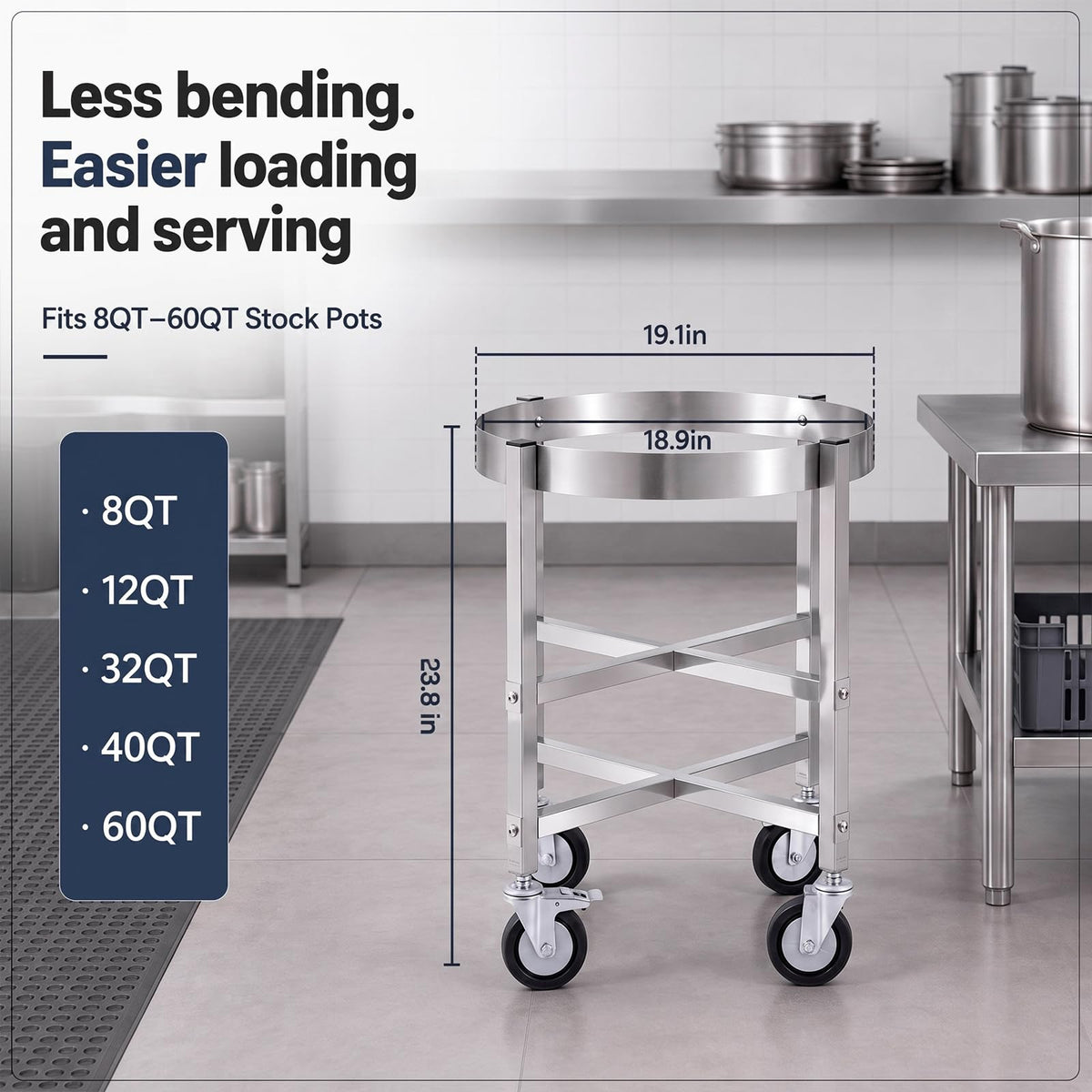 23.8 Inch Stainless Steel Stock Pot Dolly with Locking Casters T4844