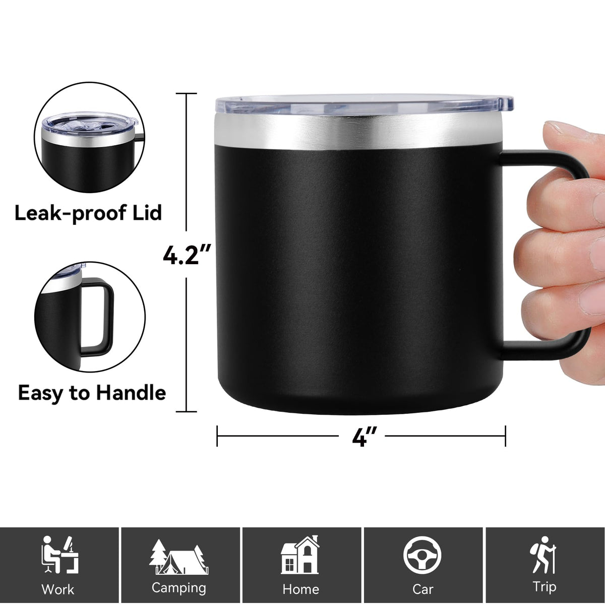 14 oz Insulated Stainless Steel Travel Coffee Mug with Handle and Lid S5367