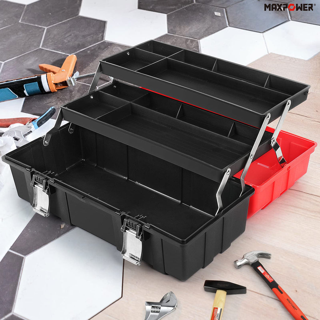 16-Inch Three-Layer Folding Plastic Tool Box with Tray and Dividers Z677