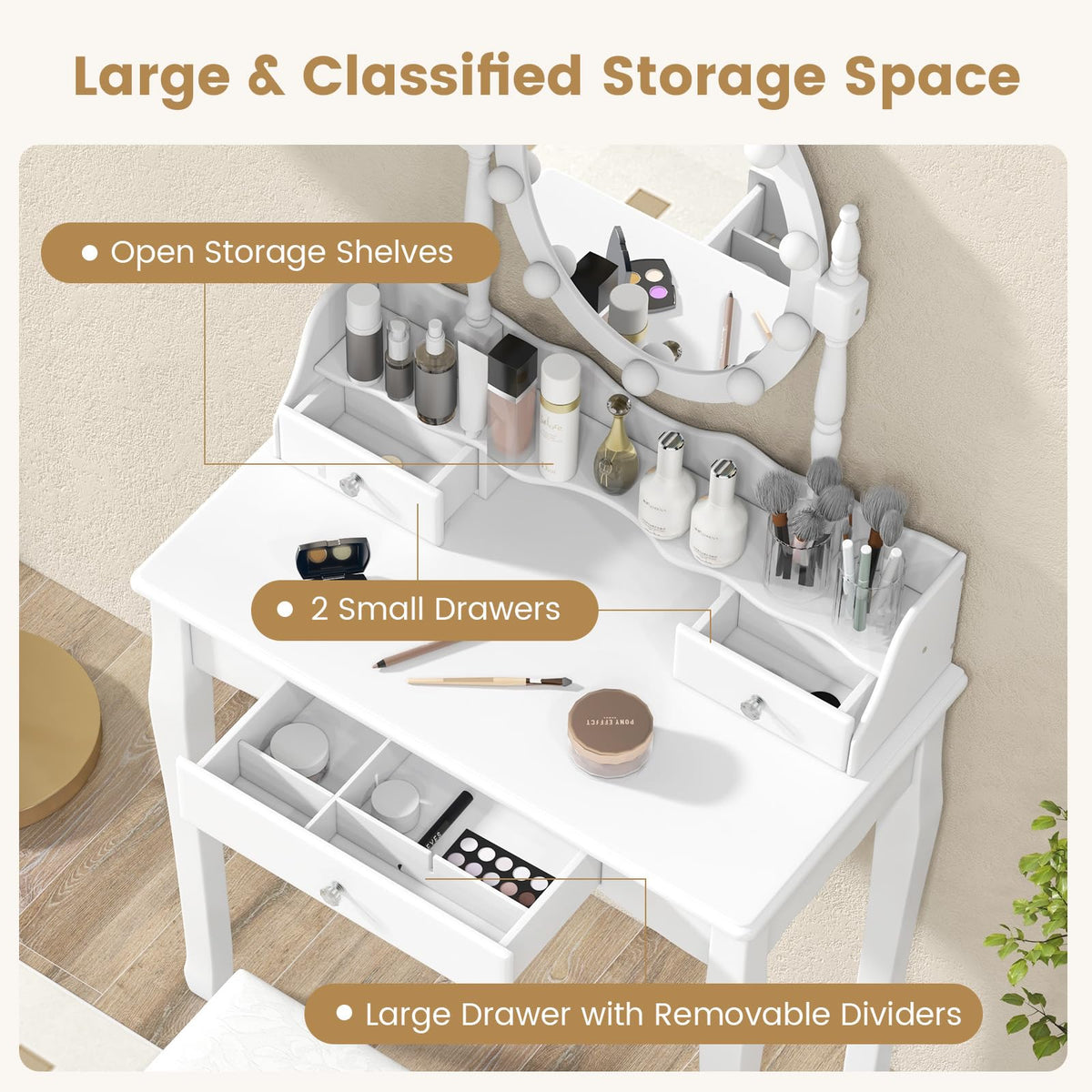 White Makeup Vanity Desk with Lighted Mirror and Stool E55055