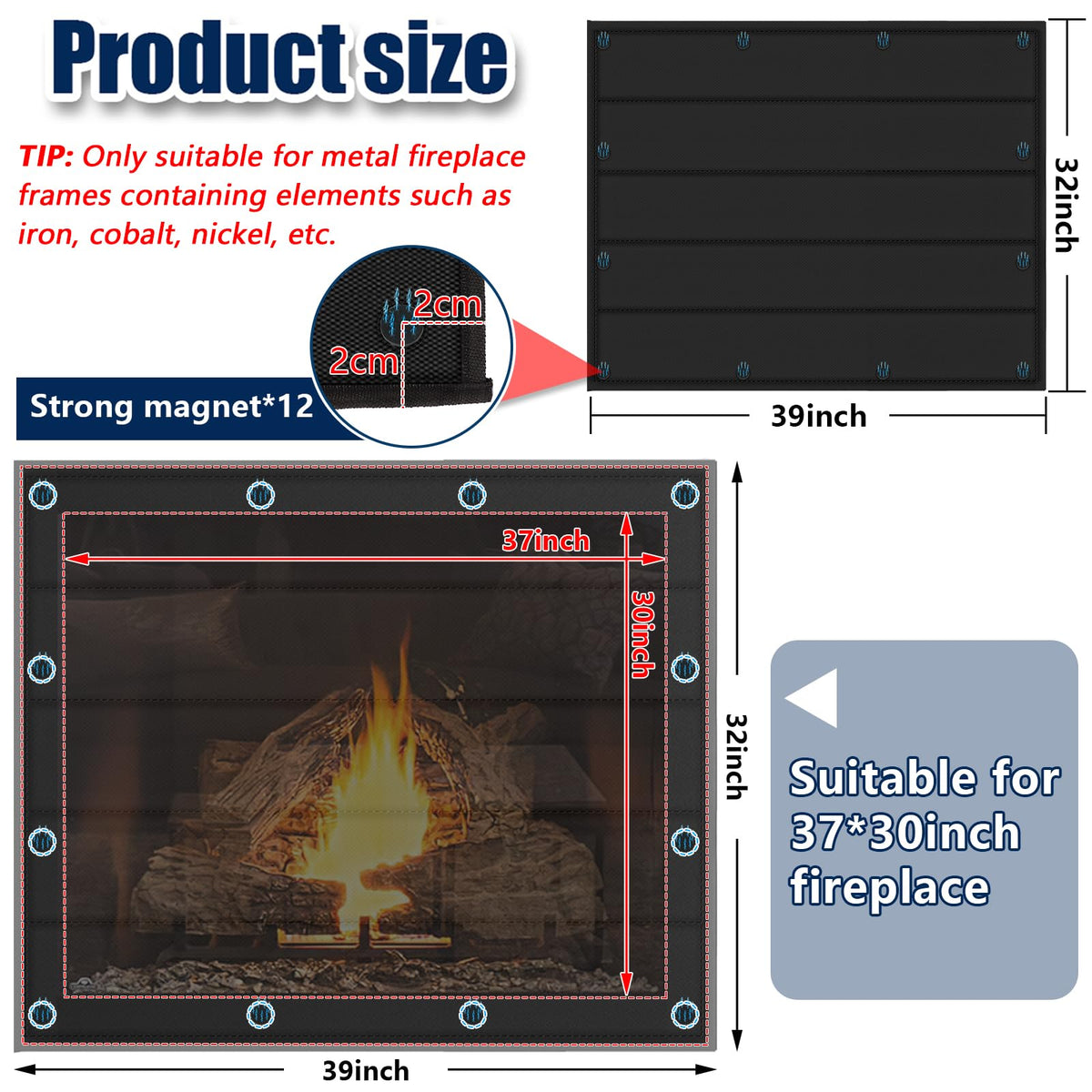 Magnetic Fireplace Cover 39"x32" Draft Stopper I8100
