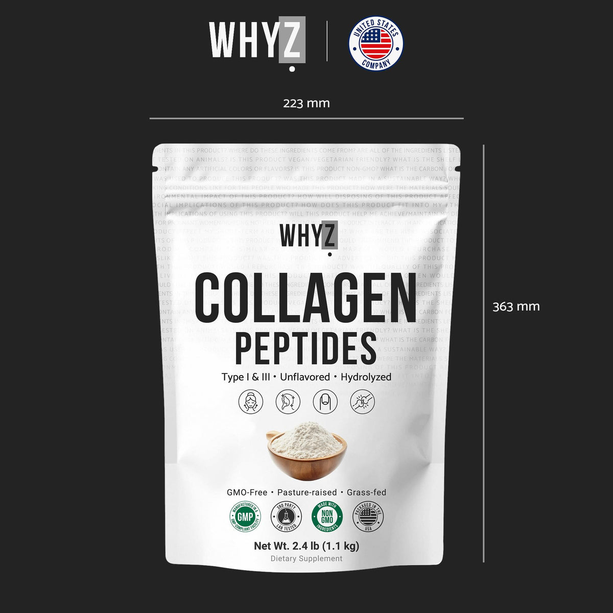 Bovine Collagen Peptides Powder, Hydrolyzed Type I & III, Grass-Fed Unflavored, 2.4lb V37466