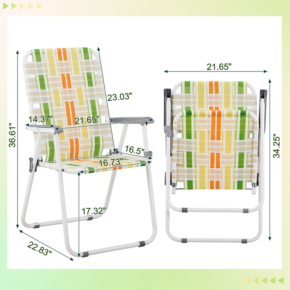 Set of 2 Folding Beach Chairs 260 lbs Capacity Yellow & Green R67731