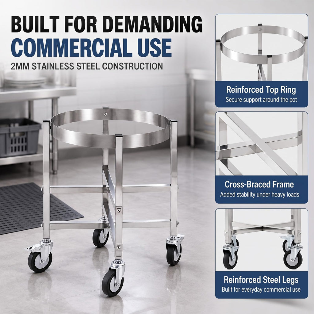23.8 Inch Stainless Steel Stock Pot Dolly with Locking Casters T4844