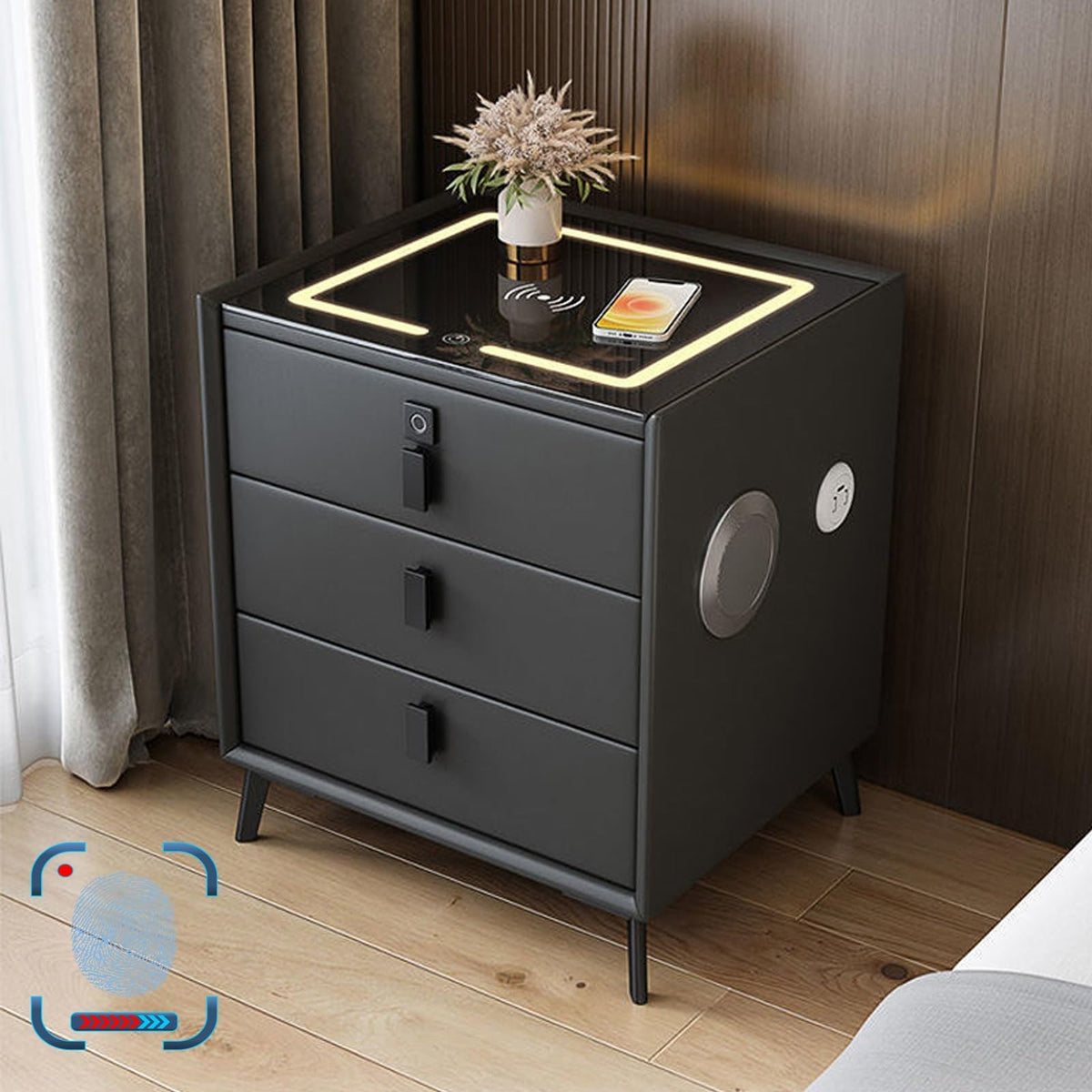 Gray Nightstand with Fingerprint Lock and Wireless Charging L30702