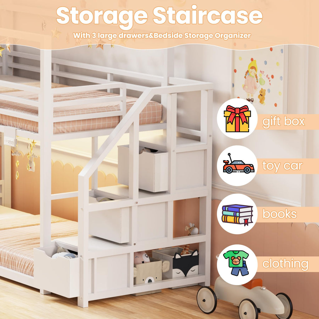 White Twin Over Twin Bunk Bed with Storage Stairs W139