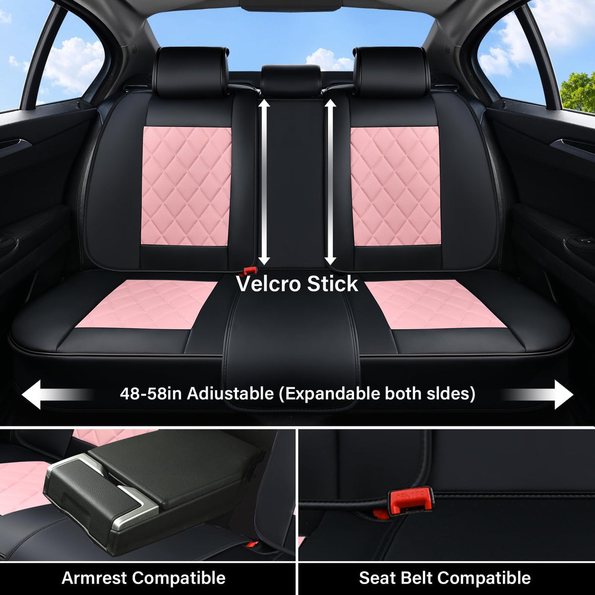 Waterproof Faux Leather Pink & Black Car Seat Covers Full Set A5375