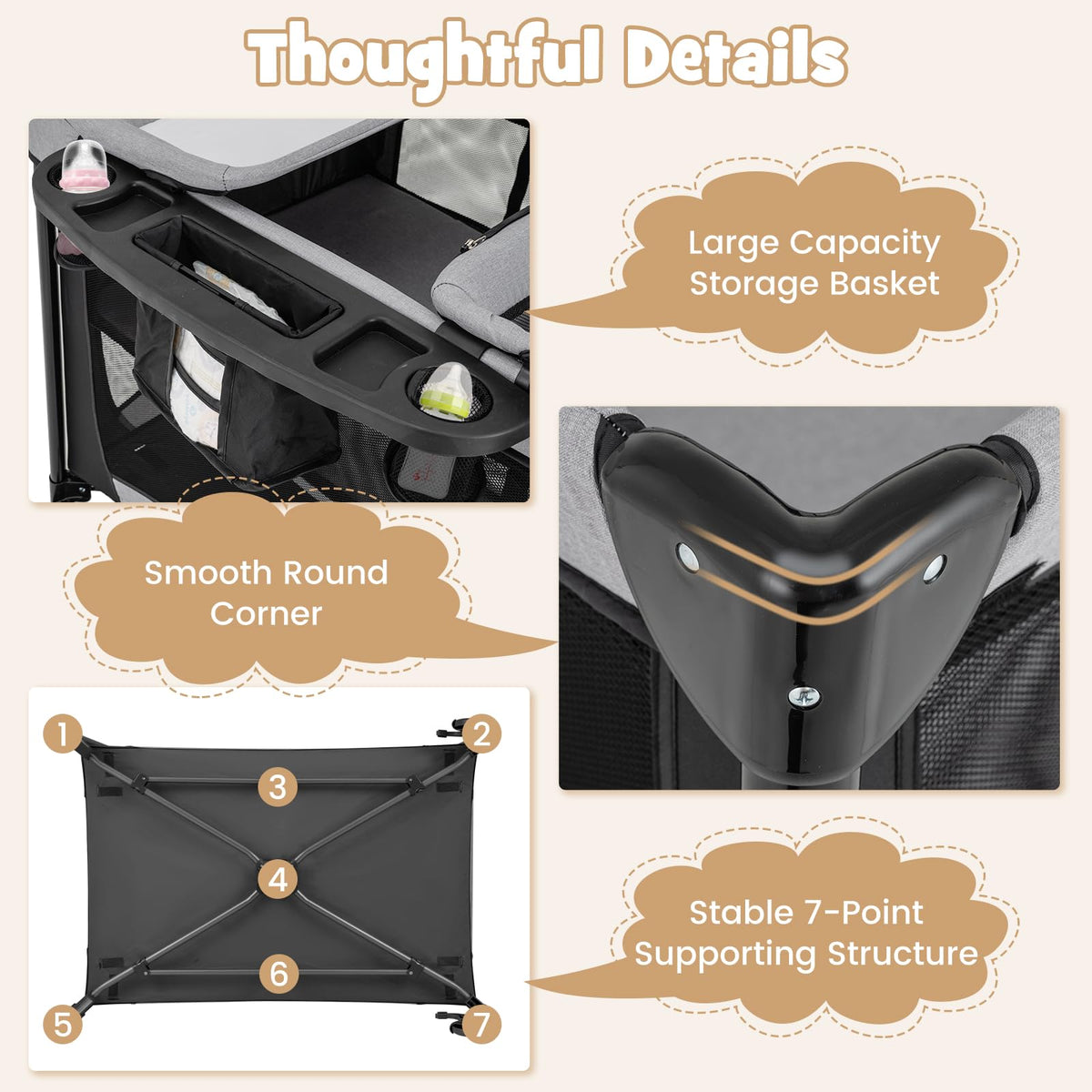 4 in 1 Pack and Play Portable Baby Playard with Changing Table Bassinet Mattress Carry Bag A207427