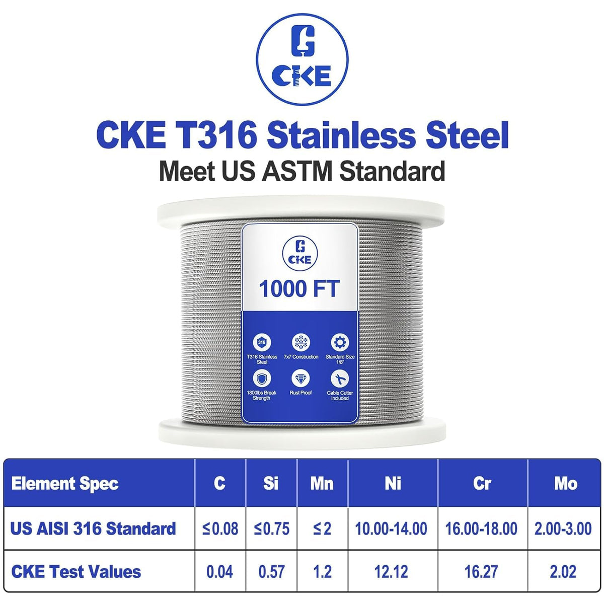 1/8" Stainless Steel Wire Rope Cable 7x7 Strands H355654