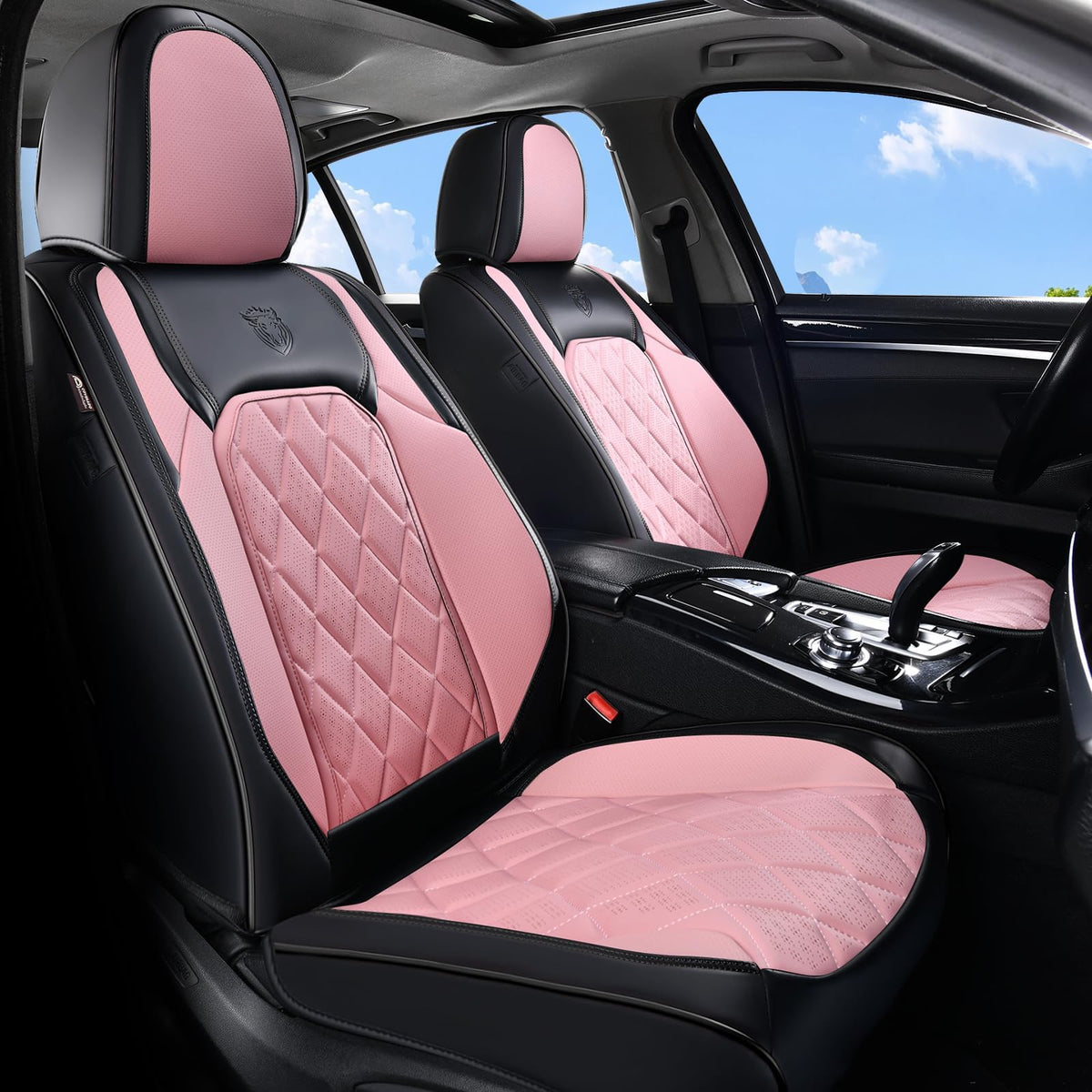 Waterproof Faux Leather Pink & Black Car Seat Covers Full Set A5375