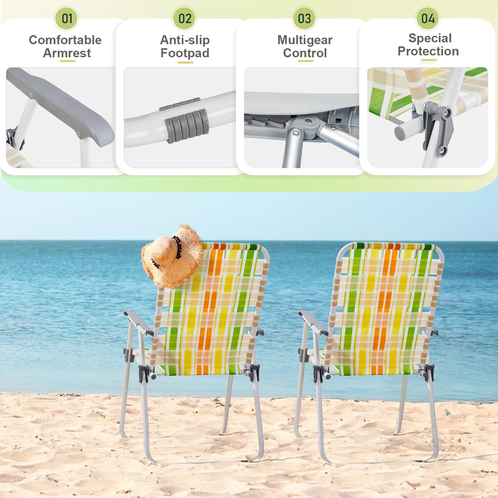 Set of 2 Folding Beach Chairs 260 lbs Capacity Yellow & Green R67731