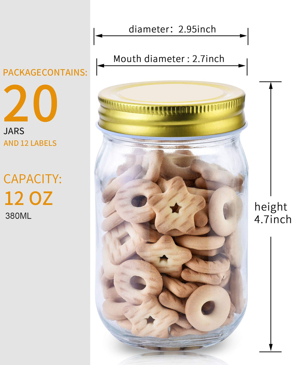 12oz Glass Mason Jars with Lids 20 Pack Z79500