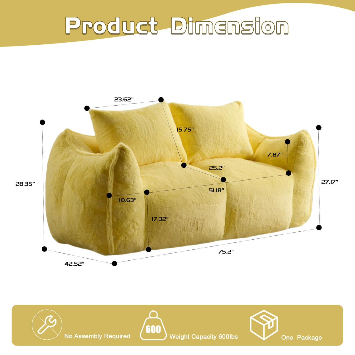Oversized Ultra Soft Fluffy Faux Fur Bean Bag Chair with Pillows S38799
