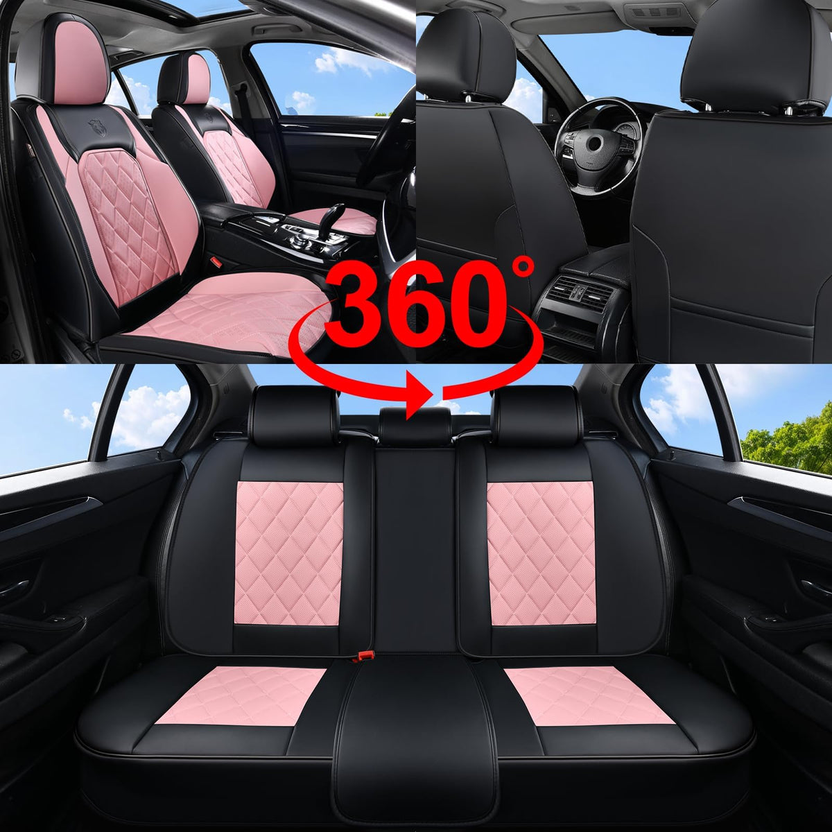 Waterproof Faux Leather Pink & Black Car Seat Covers Full Set A5375