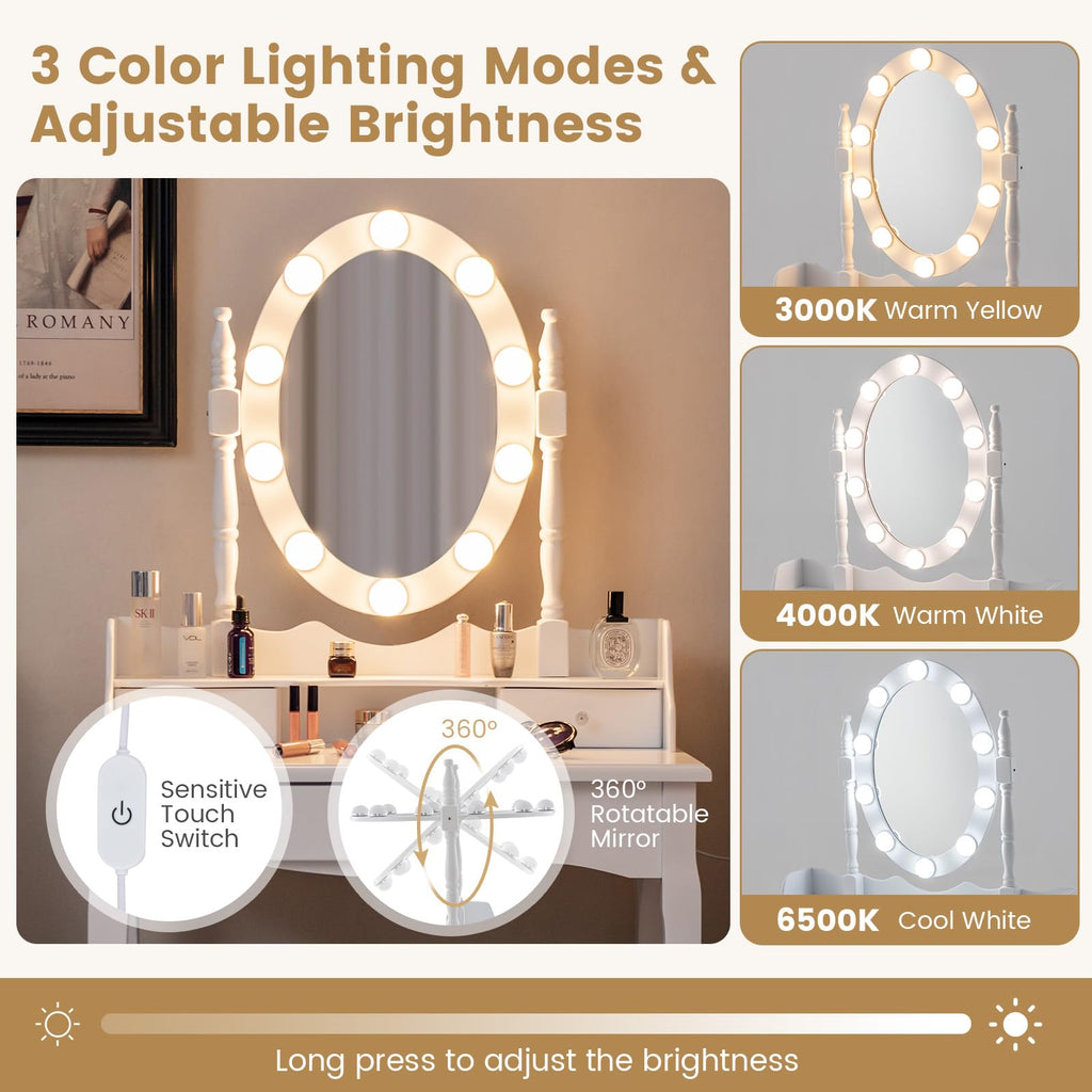 White Makeup Vanity Desk with Lighted Mirror and Stool E55055